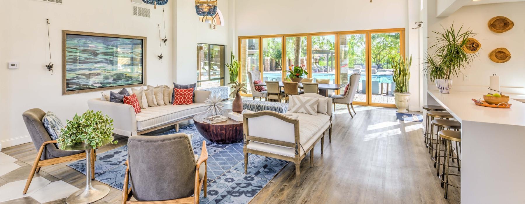 resident lounge with kitchen and large windows